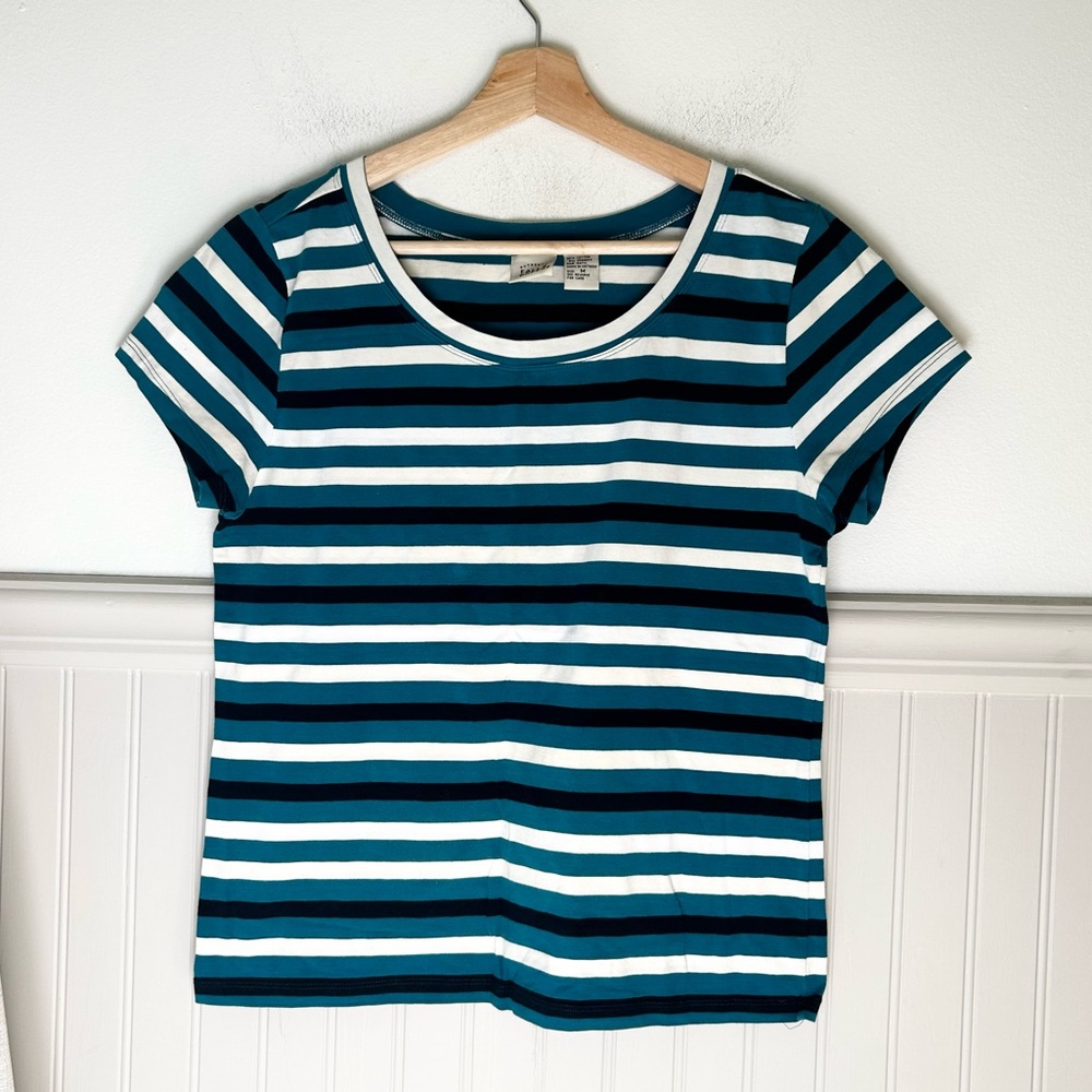 Vintage 90s Falls Creek Medium Teal Black and White Striped Short Sleeve Top